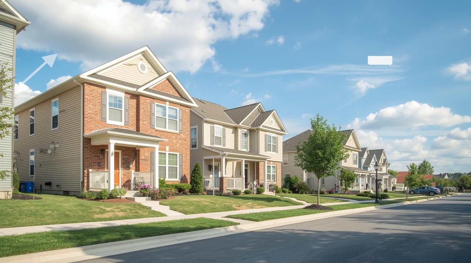 Modern suburban neighborhood in Haledon, New Jersey, featuring brick and beige two-story homes on a sunny day with blue skies and well-kept lawns.