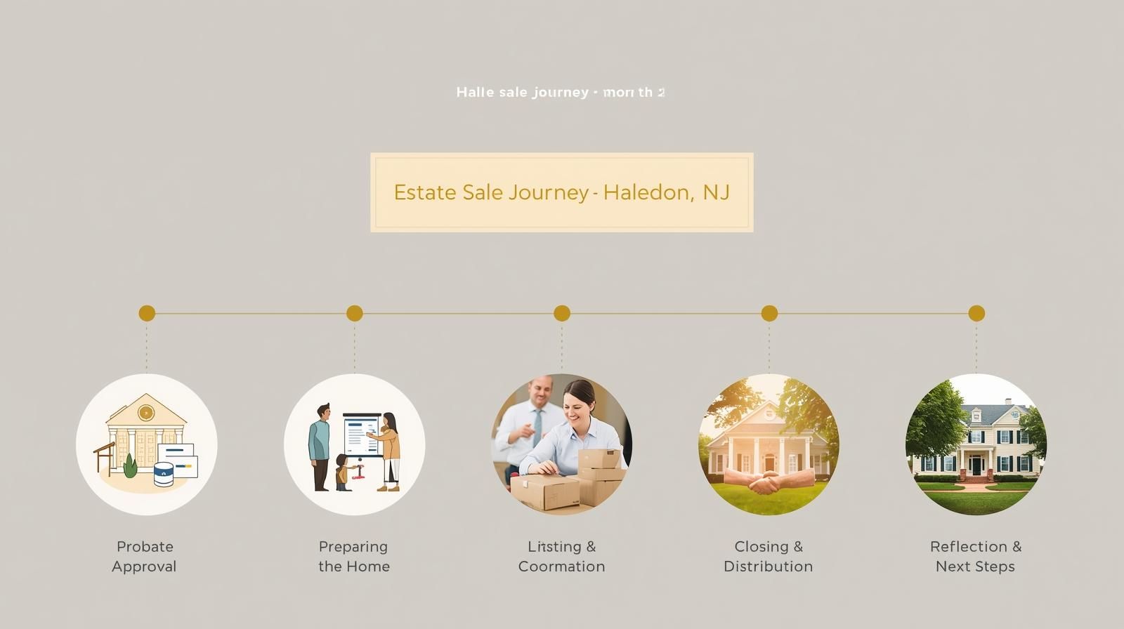 Modern infographic showing the six-month Haledon estate sale timeline, from probate filing to final closing, guided by a compassionate Realtor.