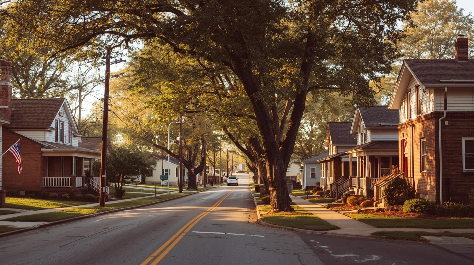 Peaceful tree-lined residential street in Haledon, New Jersey, featuring classic brick and clapboard homes under warm golden-hour light.