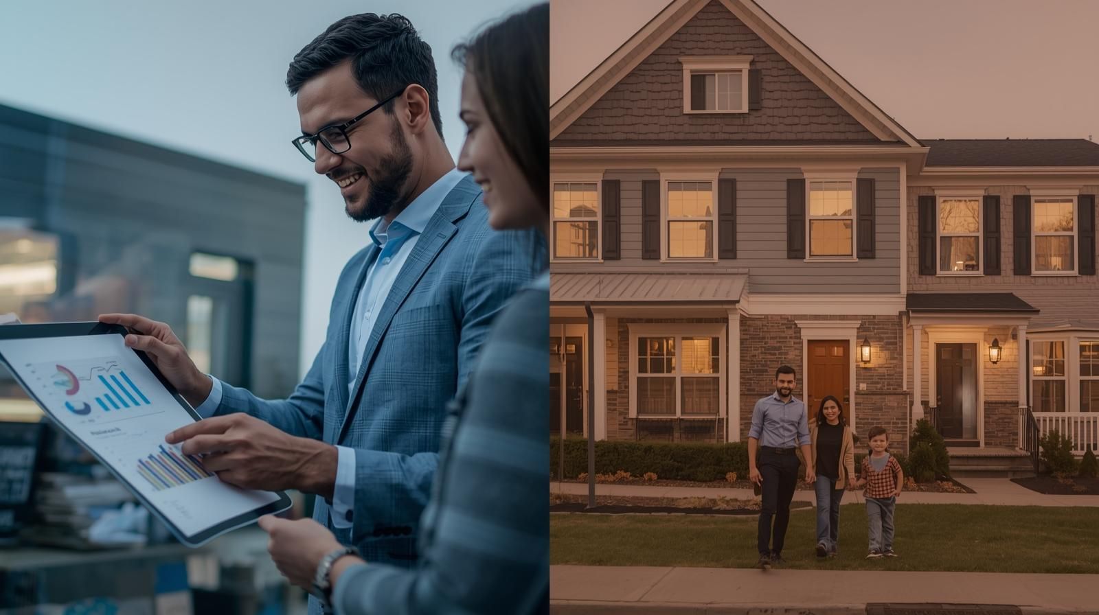 Split image showing investor analyzing rent data and family touring multi-family home in Haledon NJ representing dual buyer appeal.
