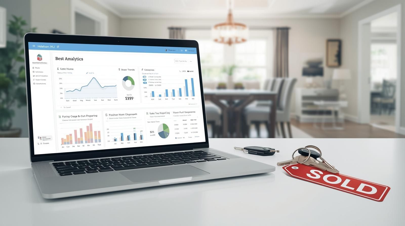 Modern workspace with AI pricing dashboard and &ldquo;SOLD&rdquo; keys symbolizing how Haledon NJ homeowners maximize value in 2025.