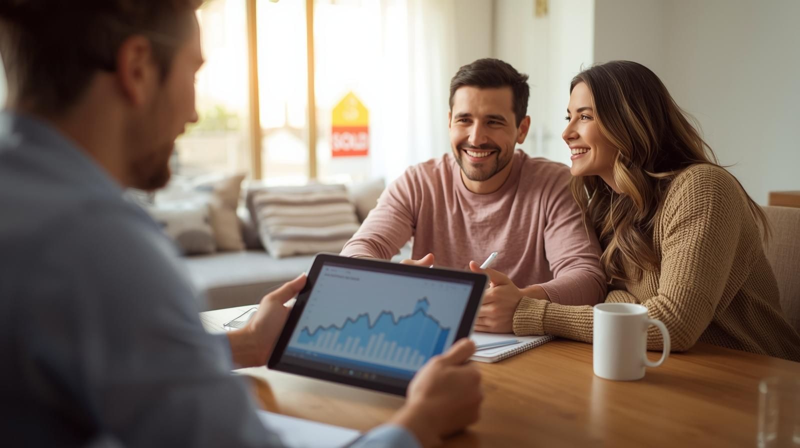 AI-Certified Realtor guiding Haledon NJ homeowners through a home valuation meeting with digital market data and &ldquo;SOLD&rdquo; sign in background.