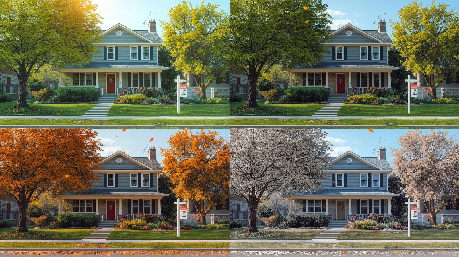 Four-season view of a Haledon NJ home showing spring, summer, fall, and winter to illustrate seasonal real estate trends.