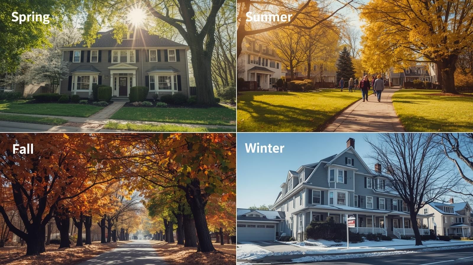 Scene Description: A four-season panoramic image or quadrant-style layout showcasing how timing impacts multi-family sales in Haledon, NJ. Each segment subtly represents one season with consistent North Jersey scenery:  Spring (Top Left): A well-maintained multi-family home surrounded by blooming trees and bright daylight, symbolizing high buyer activity.  Summer (Top Right): Warm tones, green lawns, and families touring a home—reflecting overlap between investors and homeowners.  Fall (Bottom Left): Orange and golden leaves lining the street, representing investor focus and serious buyers closing deals.  Winter (Bottom Right): Crisp, clean shot of a snow-dusted multi-family building with a clear “For Sale” sign—symbolizing low inventory and strong leverage.  Mood & Tone: Professional and data-driven, yet visually warm. It should evoke the sense of “year-round opportunity through strategic timing.”