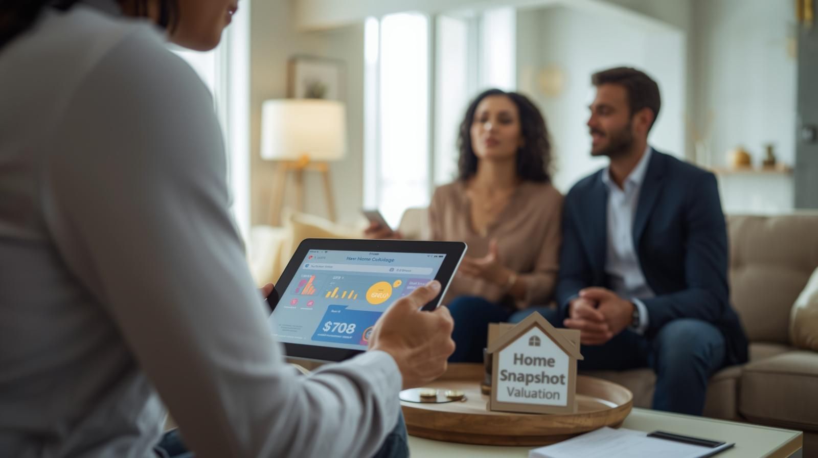 AI-Certified Realtor meeting with homeowners using digital home valuation tools to plan the best time to sell in Haledon NJ.