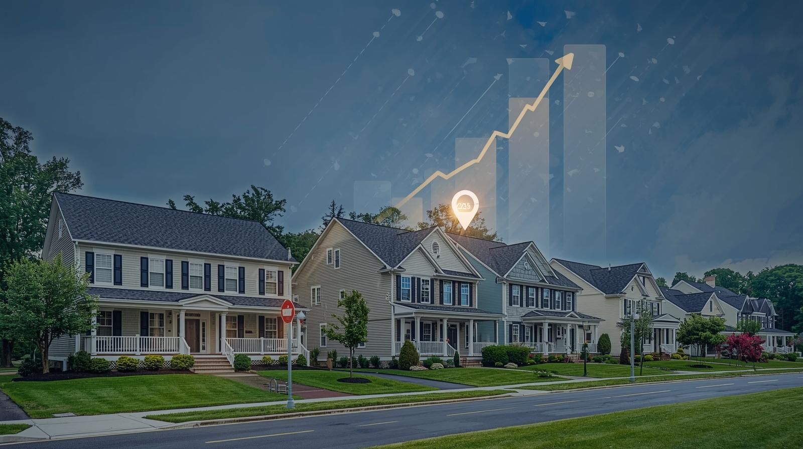 Row of suburban Haledon NJ homes with rising data graph overlay symbolizing 2025 home value growth and strong market trends.