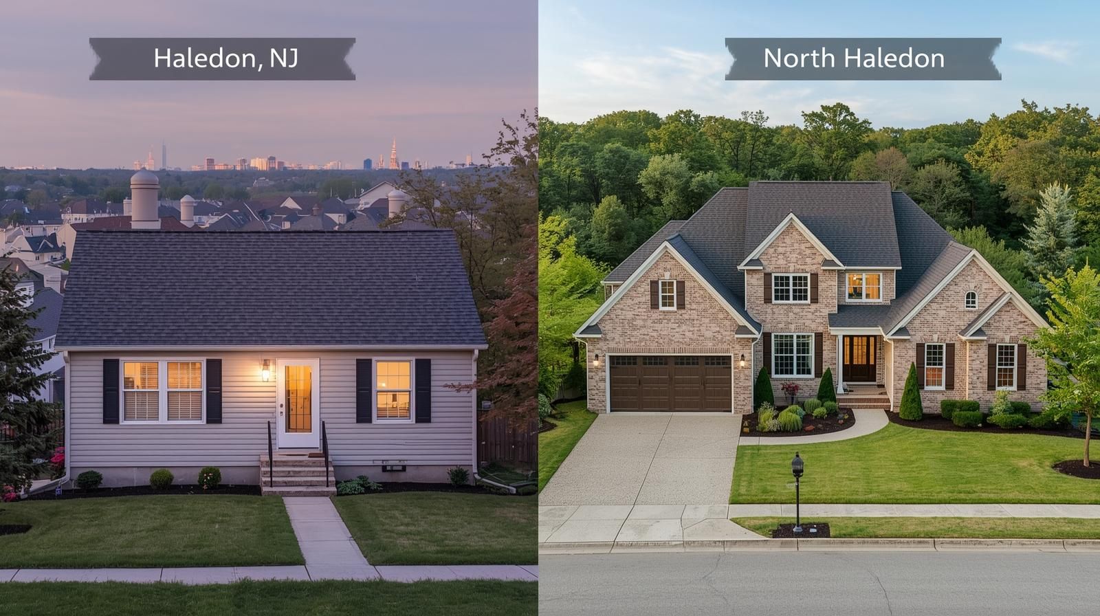 Split-image showing homes in Haledon and North Haledon NJ highlighting 2025 real estate market trends, pricing differences, and days on market.