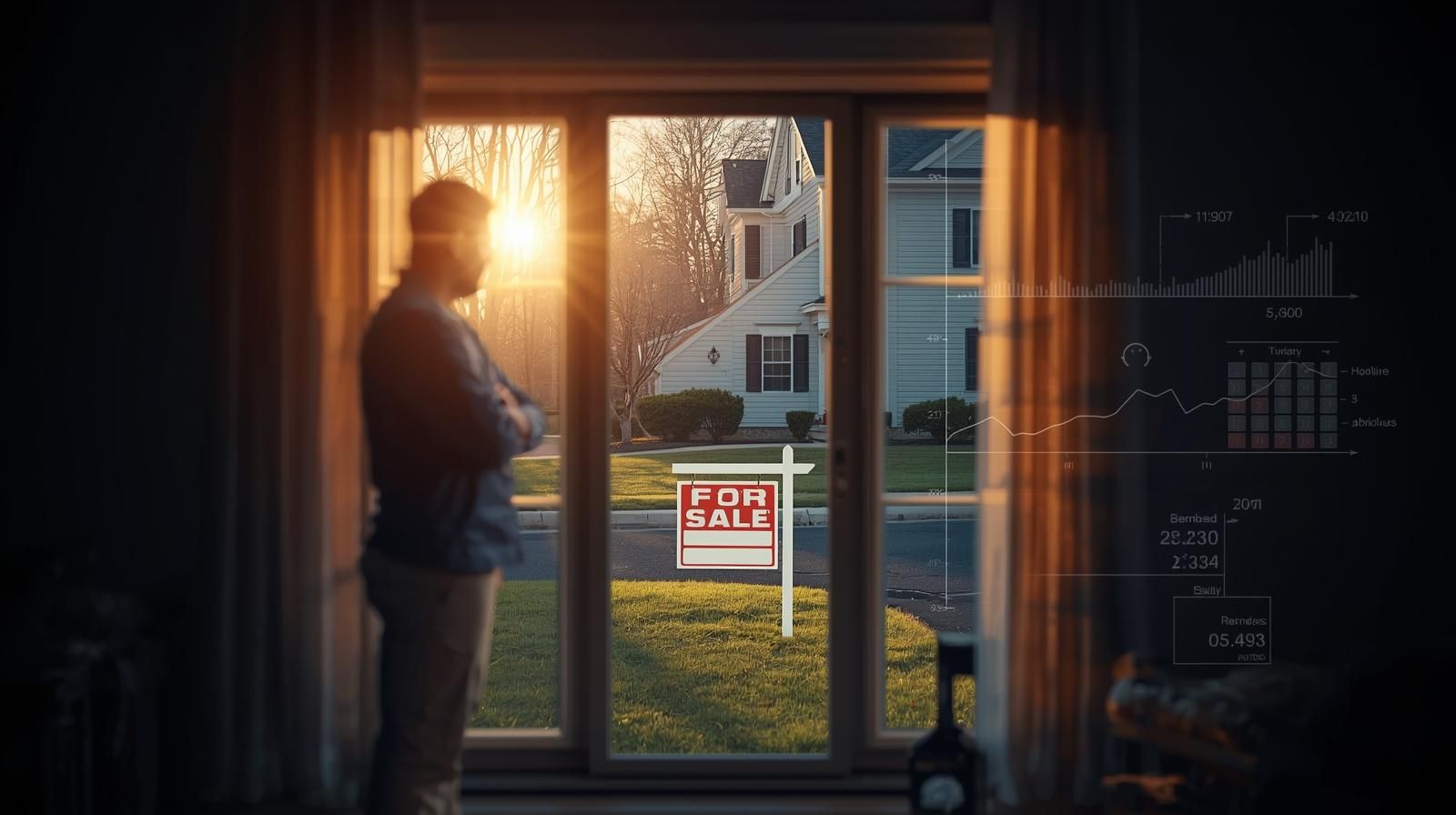 Homeowner looking out window at sunrise toward a Haledon NJ neighborhood with For Sale sign, symbolizing smart timing to sell.