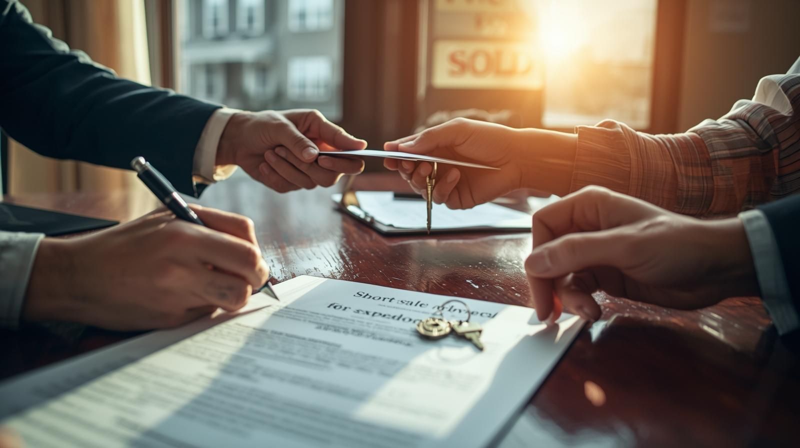 Hands signing short sale approval and exchanging keys during successful Haledon NJ multi-family short sale closing.