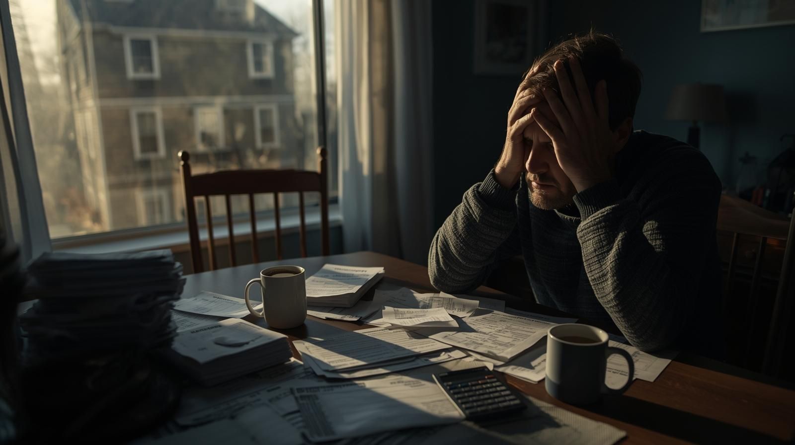 Haledon NJ multi-family homeowner facing financial hardship reviewing bills and foreclosure notice before short sale consultation.