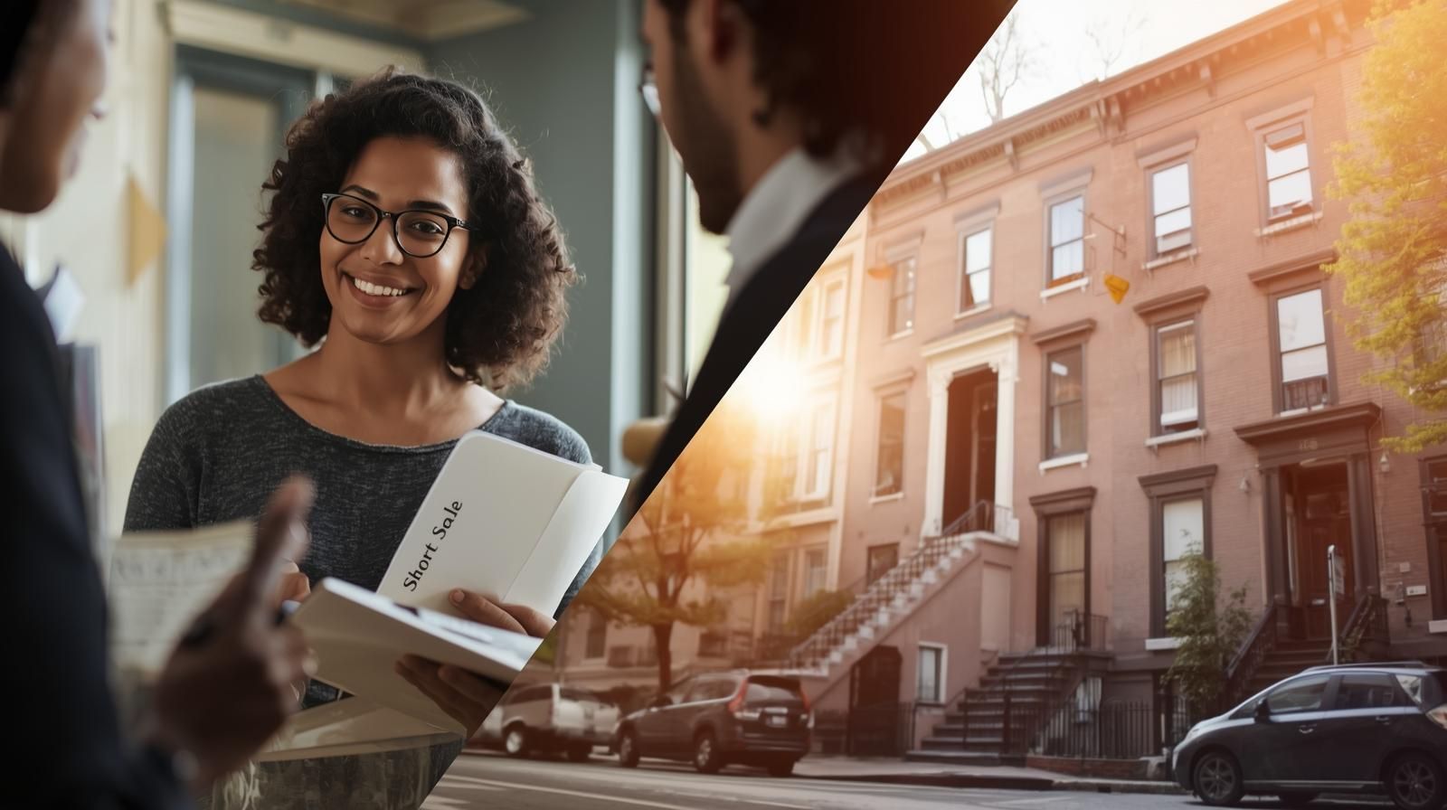 Realtor guiding Haledon NJ homeowner through short sale while investor reviews rental opportunity for multi-family property.