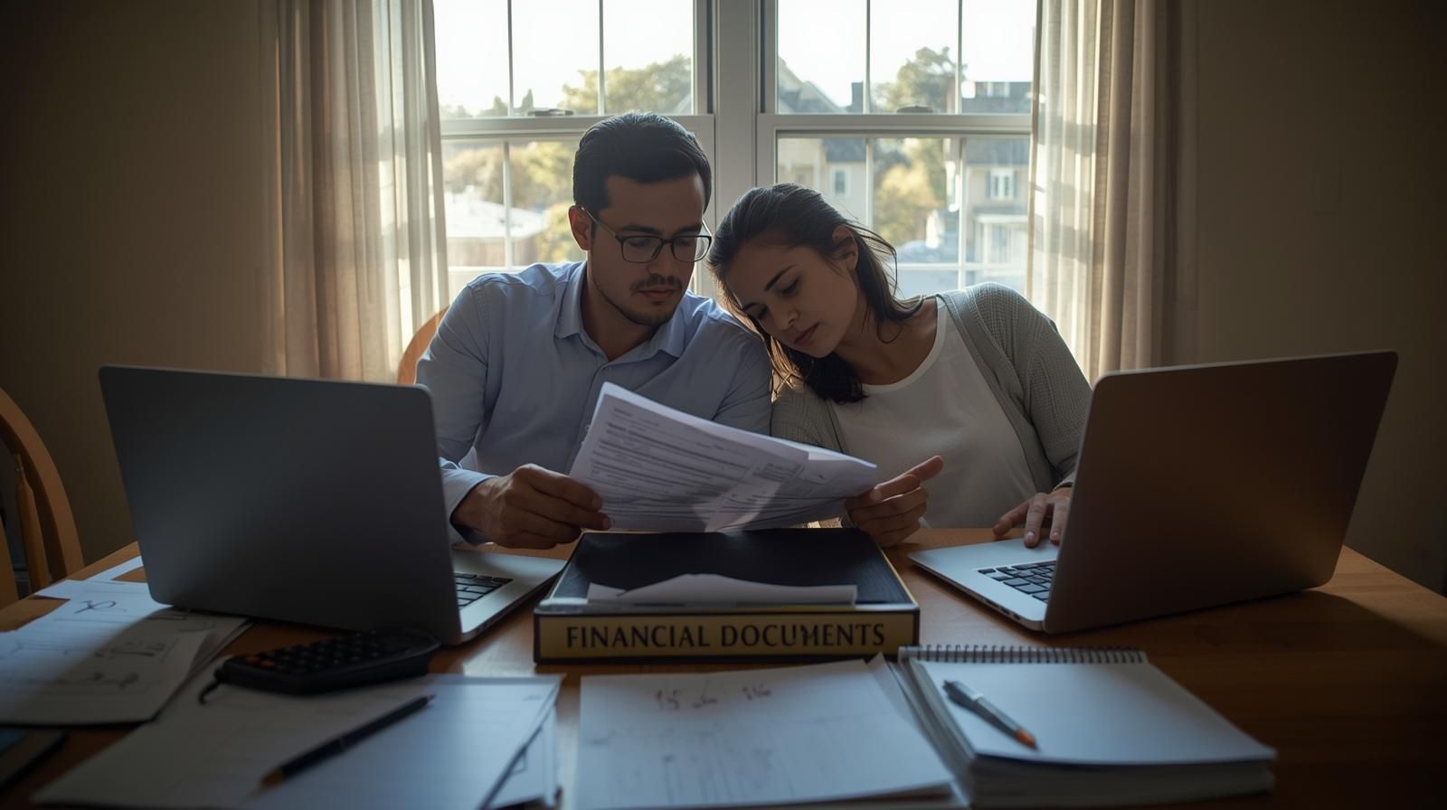 Haledon NJ homeowners reviewing mortgage and income documents as first step in short sale preparation.