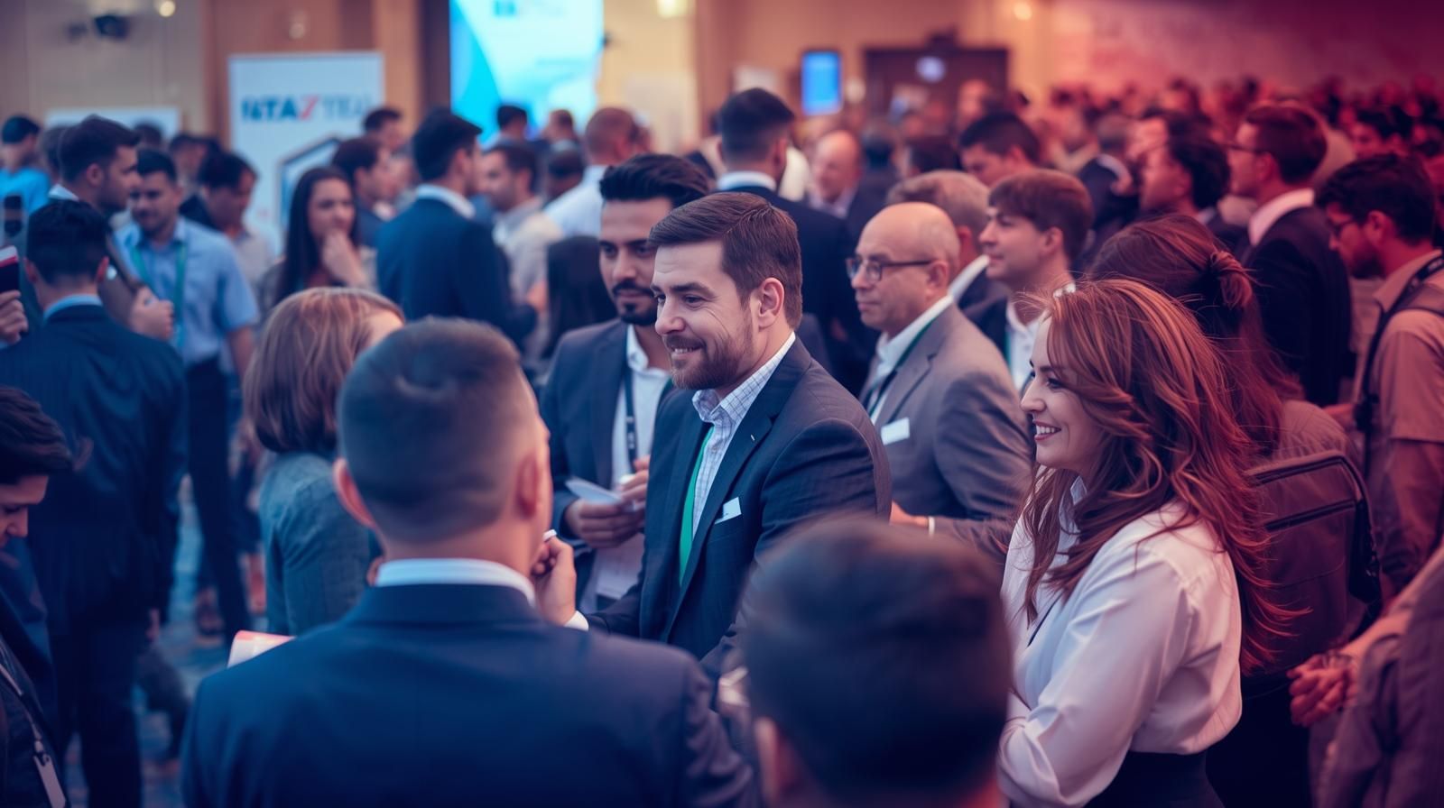Image Description: A motivational and aspirational image showing professionals actively networking at a business summit—capturing the energy, ambition, and opportunity that the NJ Small Business Summit 2025 represents.  Elements to Include:  A crowd of diverse entrepreneurs and professionals shaking hands, exchanging business cards, or smiling in conversation at an event.  A visible conference banner, projector screen, or signage (blurred if not brand-specific) in the background to indicate a formal summit setting.