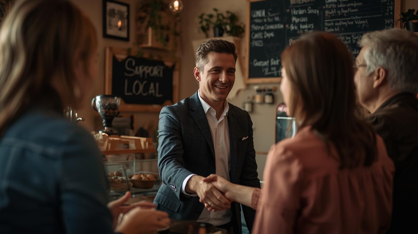 A warm, authentic photo that captures the spirit of connection between a community-focused Realtor and local business owners—showing trust, collaboration, and pride in North Jersey living.  Elements to Include:  A friendly scene inside a local café or small restaurant in Clifton or a similar North Jersey town.  You (or a figure representing a local professional) chatting with a café owner or shaking hands near a coffee counter or pastry display.  Background featuring cozy décor, a chalkboard menu, or a “Support Local” sign.  Lighting: soft natural tones or golden-hour warmth to evoke comfort, trust, and authenticity.  Composition should feel candid rather than posed—like a real moment of connection being captured.