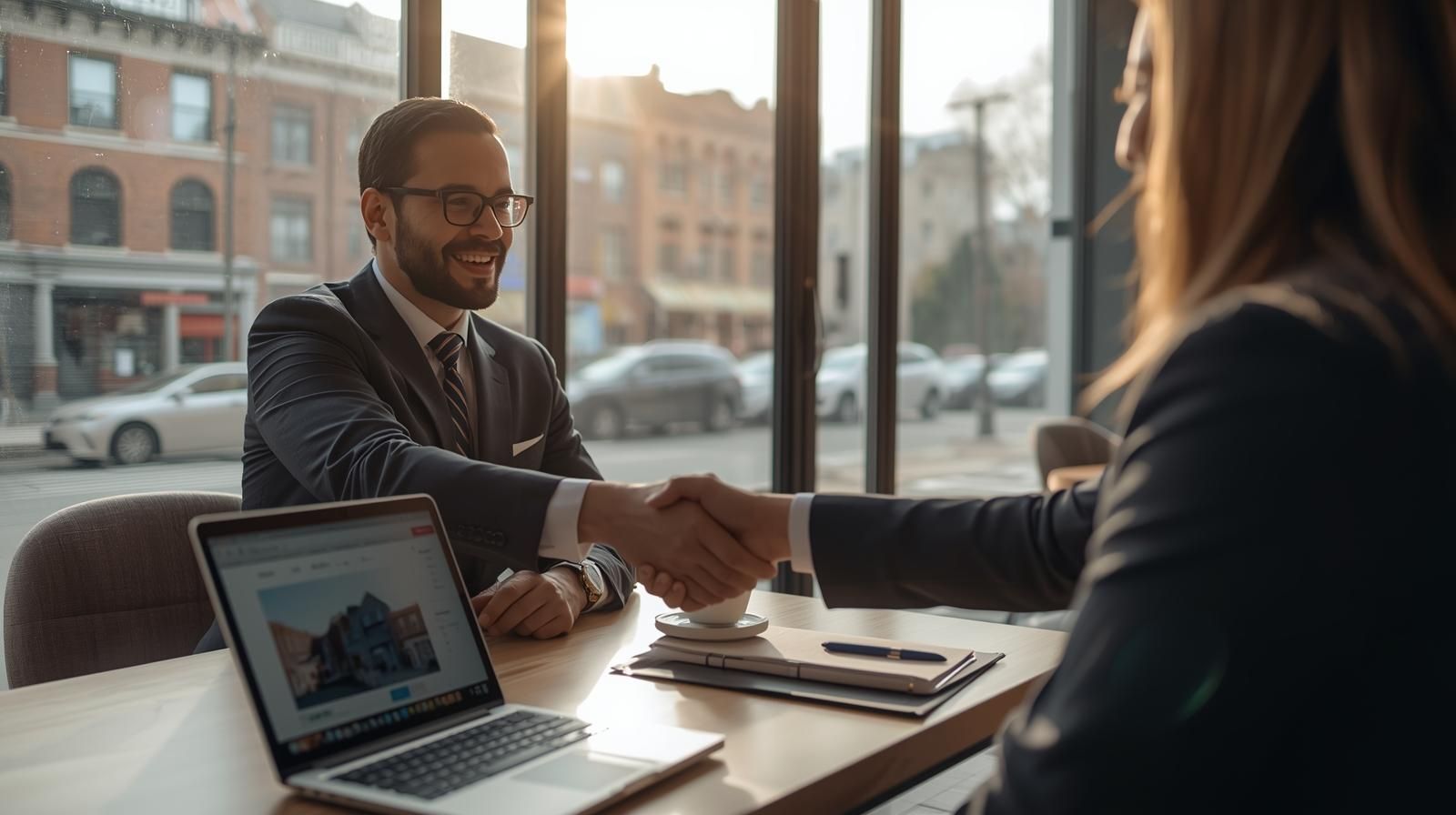 Business professionals in North Jersey closing a real estate deal after a networking event.