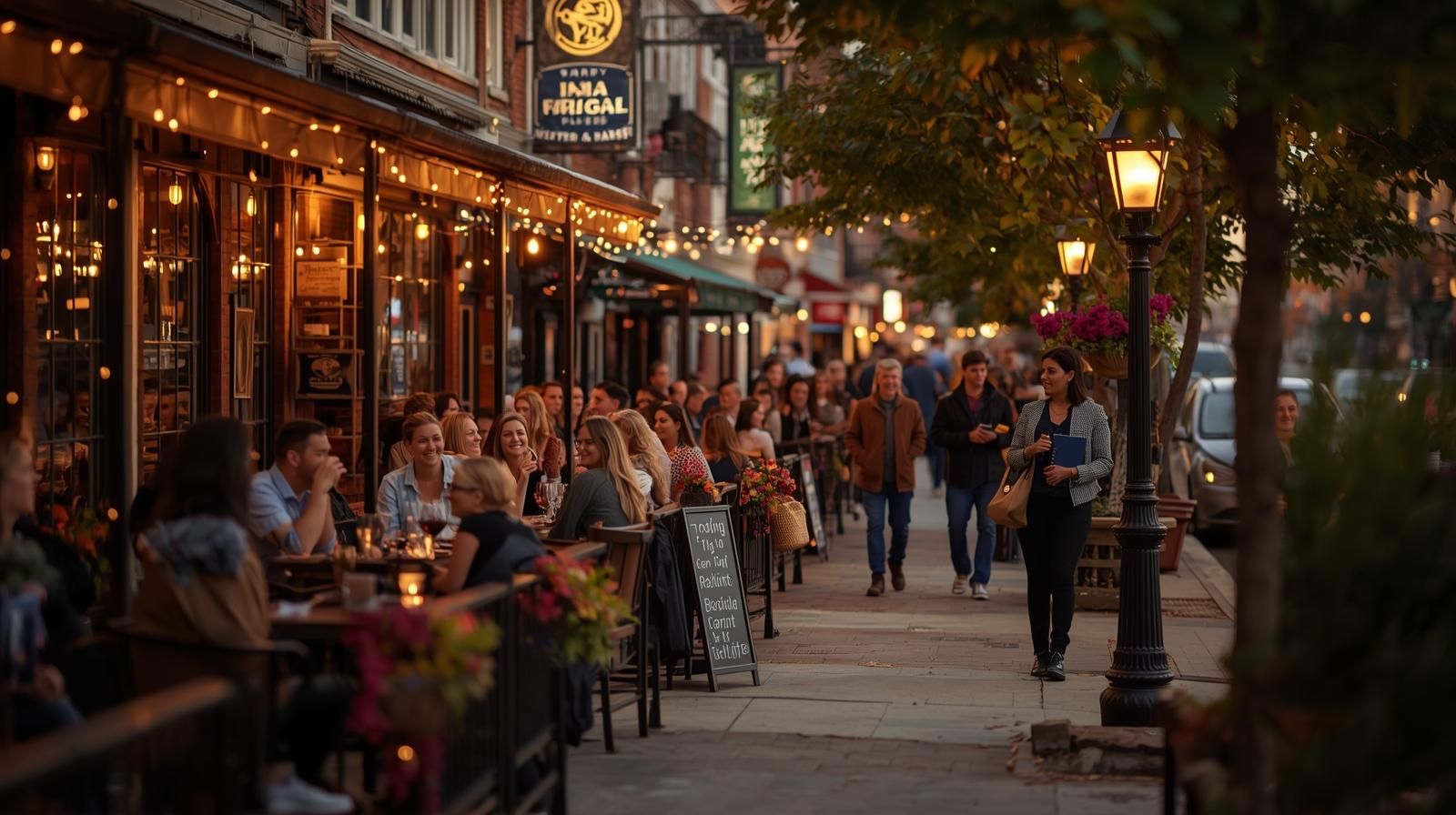 North Jersey residents dining and socializing downtown, reflecting the area’s lifestyle and real estate appeal.