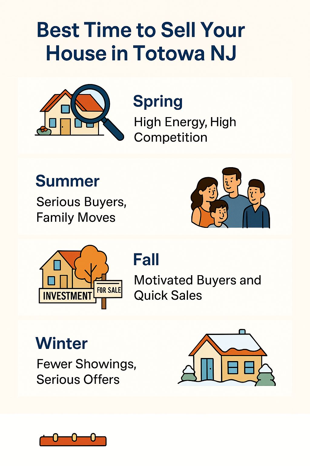 Infographic of Totowa NJ home selling seasonal trends: spring, summer, fall, winter buyer activity.