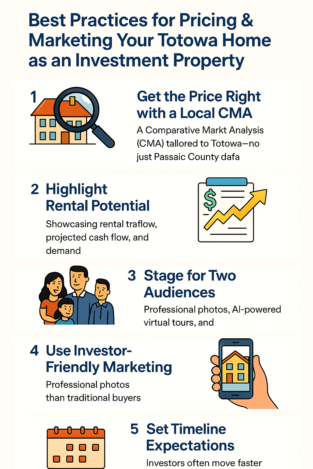 Infographic showing 5 best practices for pricing and marketing an investment property for sale in Totowa NJ, including CMA, rental potential, staging, marketing, and timeline expectations.