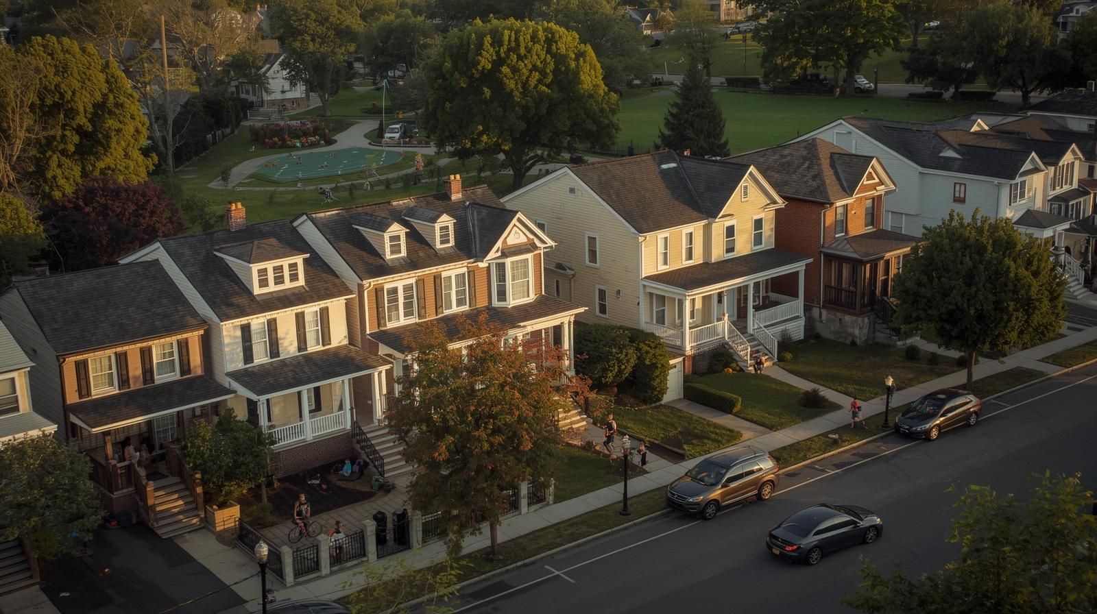 Prospect Park NJ neighborhood aerial view showing affordable homes, walkable streets, and family-friendly community for first-time home buyers.