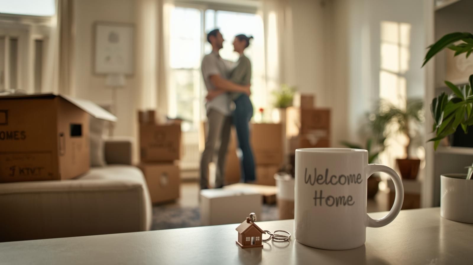 First time home buyer Prospect Park NJ couple unpacking boxes and celebrating inside their new affordable two-family home.