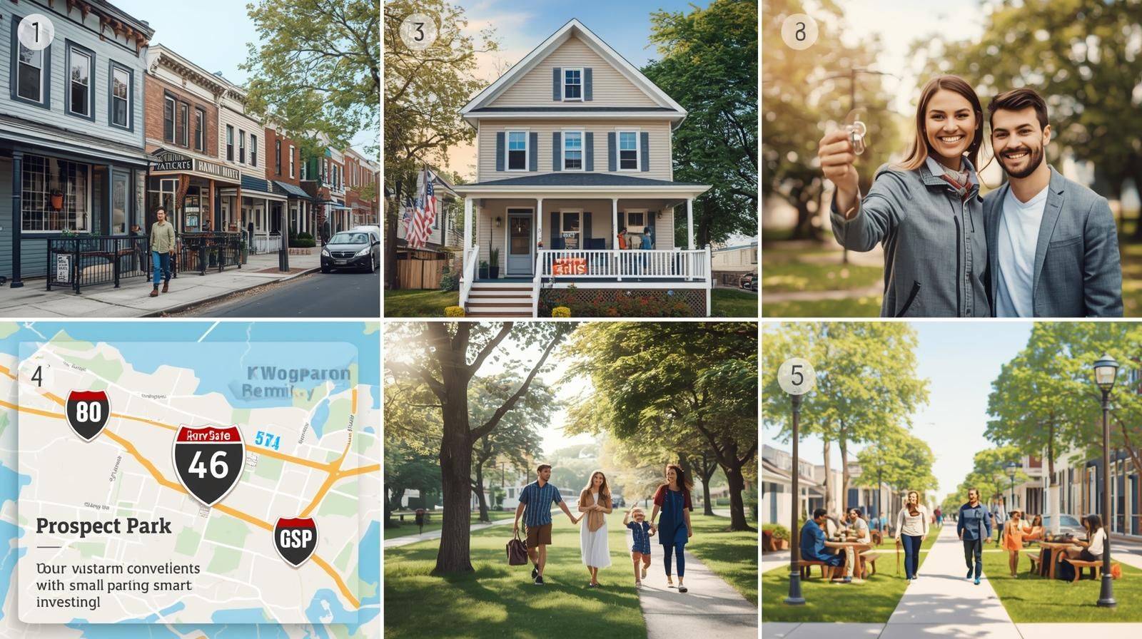 Why buy in Prospect Park NJ collage showing affordable homes, walkable community, friendly neighbors, and first-time home buyers celebrating their new beginning.