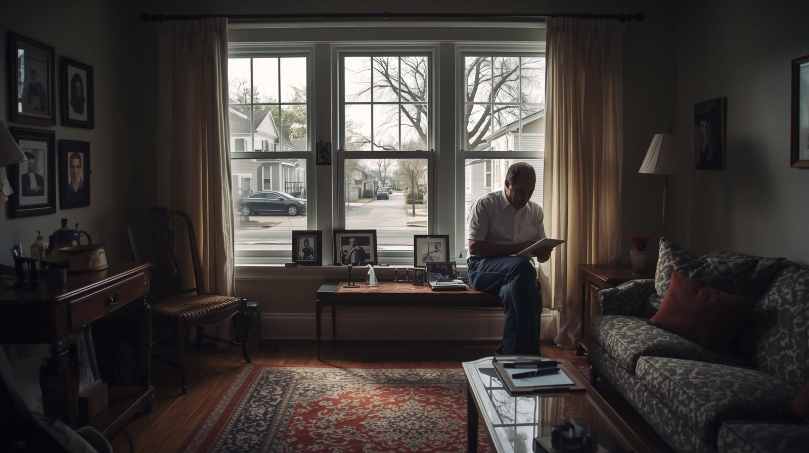 Appraiser reviewing documents in a sunlit Prospect Park living room surrounded by family photos, representing inherited property valuation in Passaic County NJ.