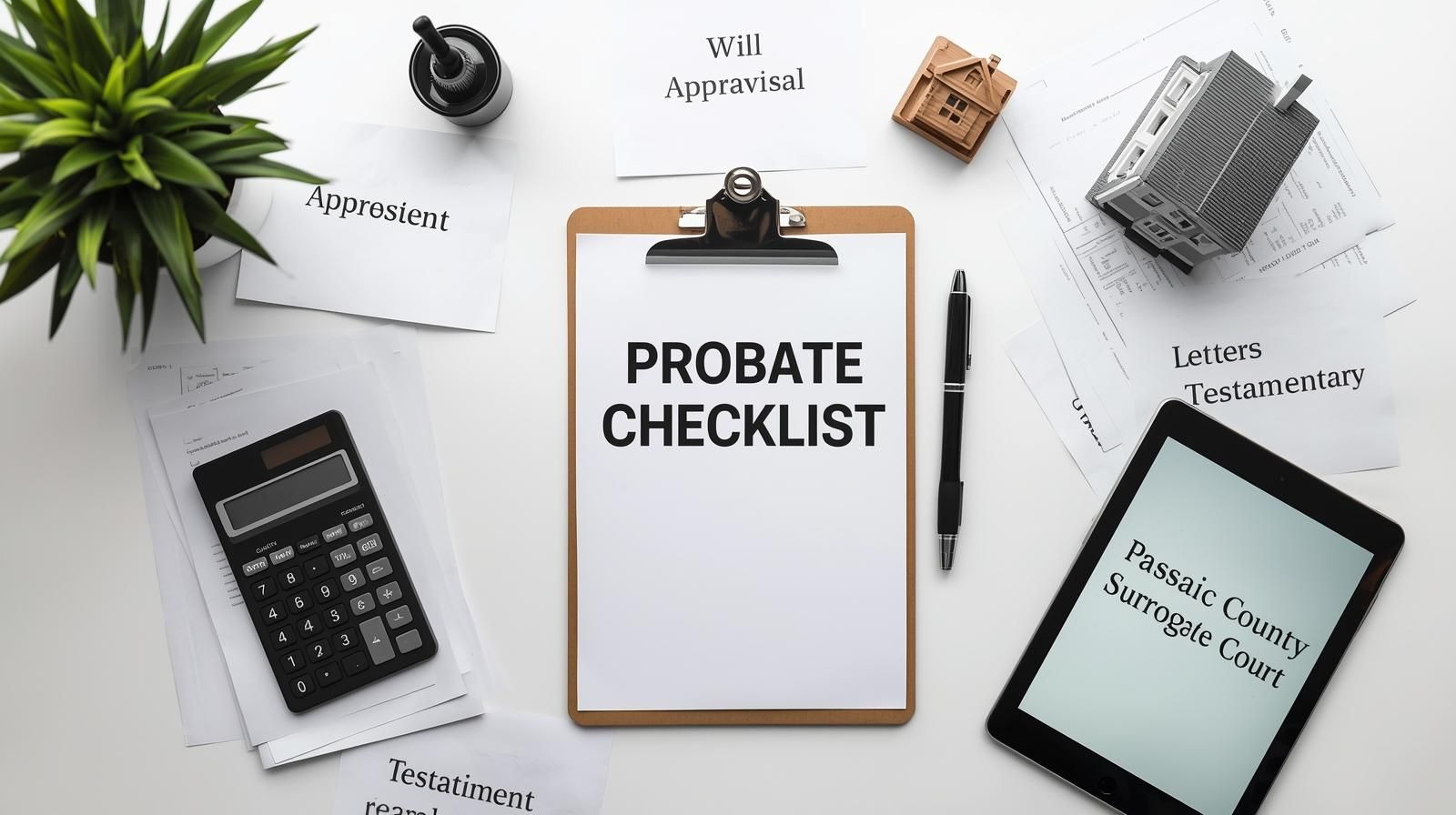Flat lay of probate checklist, court documents, and house keys representing the step-by-step Passaic County probate process for Prospect Park inherited properties.