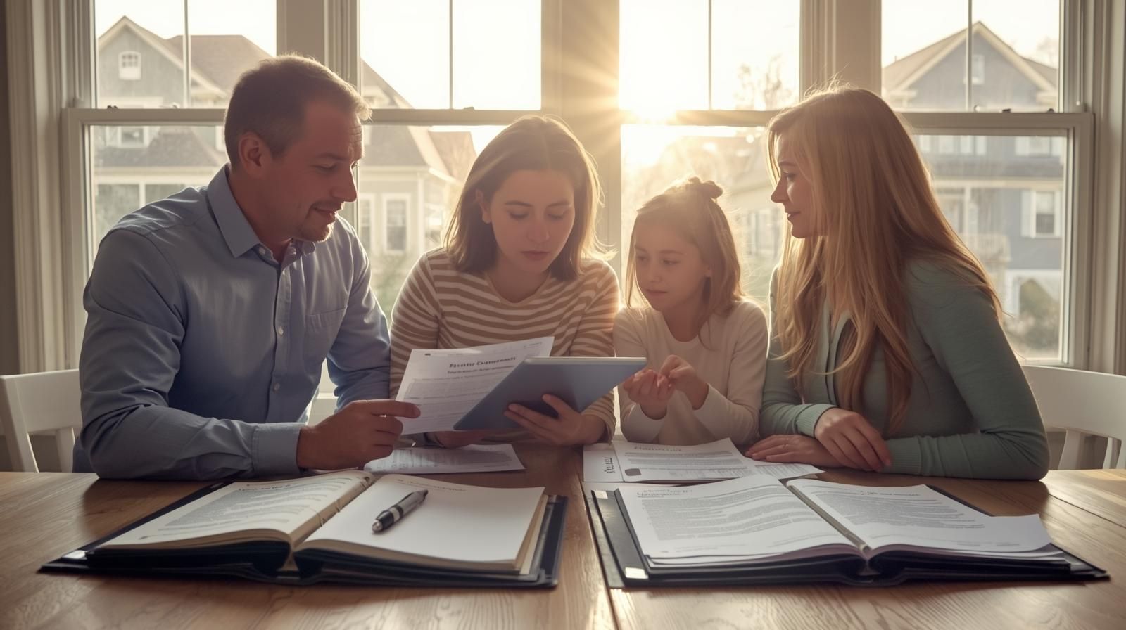 Realtor meeting with family at home table in Prospect Park NJ, reviewing estate documents and discussing probate process with compassion and expertise.