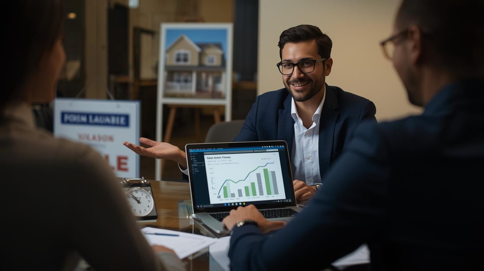 Realtor presenting a property valuation report and marketing strategy to a family in Prospect Park NJ, illustrating AI-powered probate real estate planning and timing.