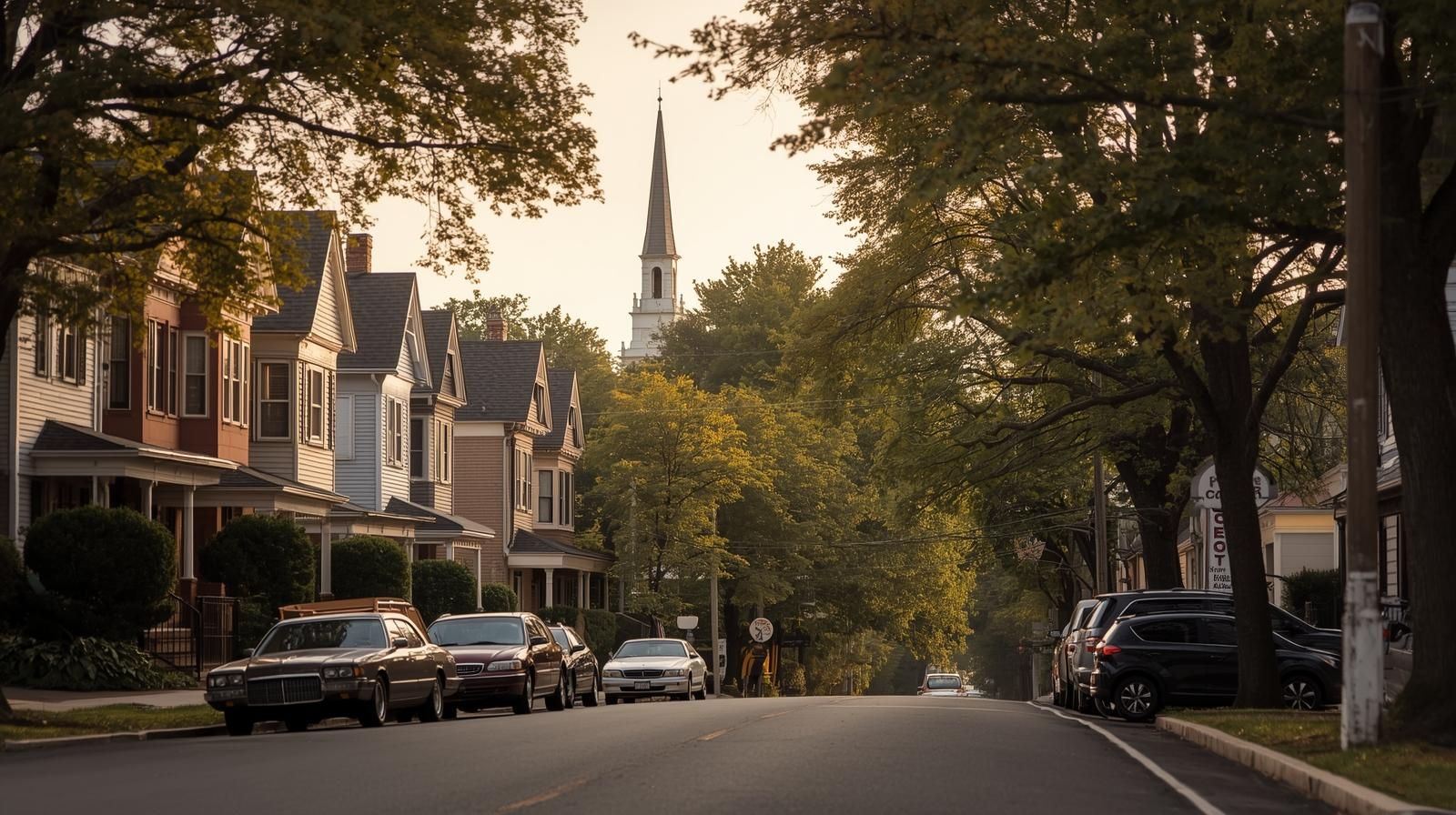 Tree-lined residential street in Prospect Park NJ at sunset, showing classic North Jersey homes and local neighborhood charm for estate sale market insights.