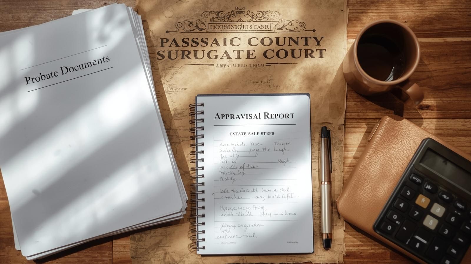 Flat-lay of probate documents, checklist, and appraisal papers representing the step-by-step probate process in Passaic County NJ for Prospect Park real estate.