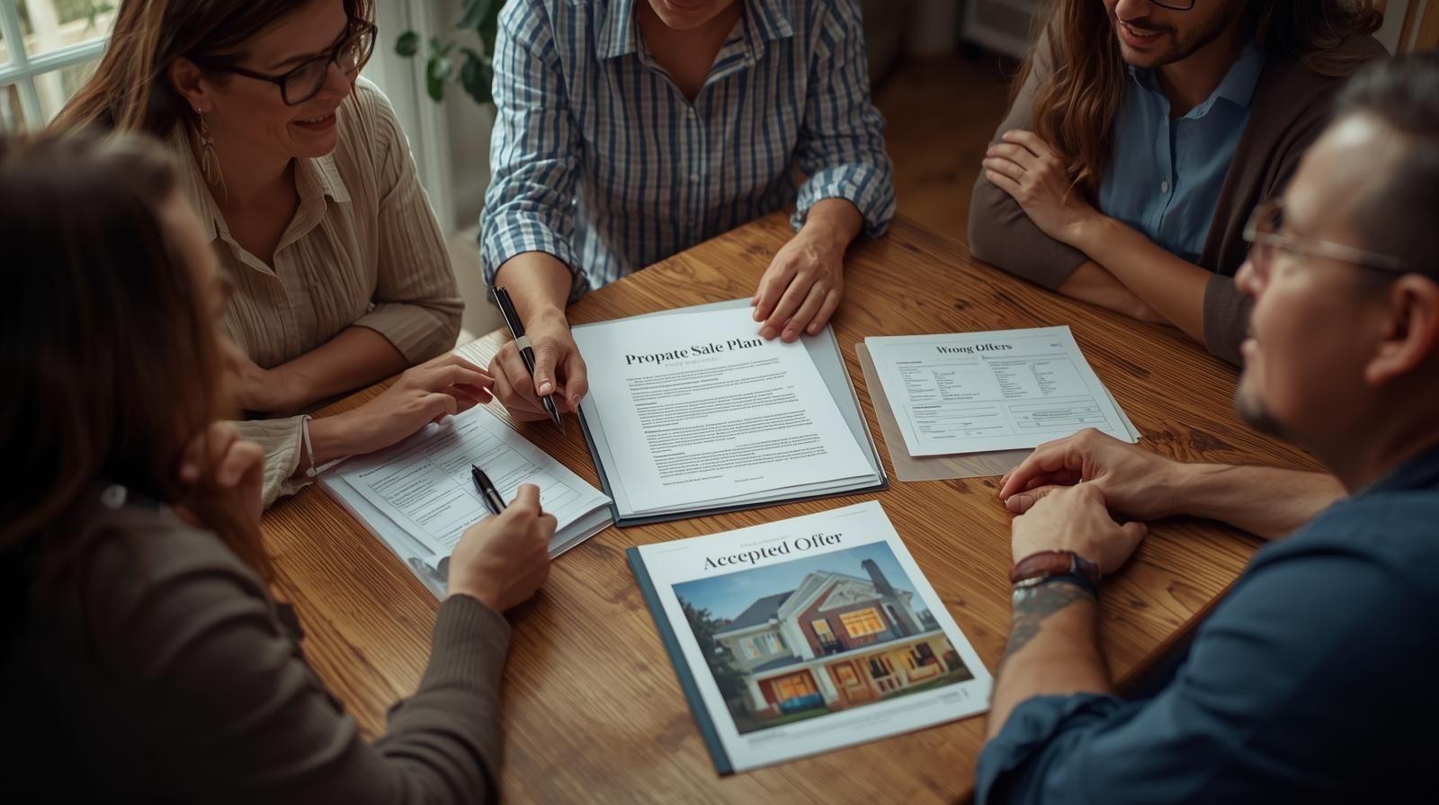 A Realtor (you) sitting with a family at a kitchen table or office desk, gently reviewing a checklist or document titled &ldquo;Probate Sale Plan.&rdquo;  On the table, you could include visual cues such as:  Two folders labeled &ldquo;Wrong Offers&rdquo; and &ldquo;Accepted Offer&rdquo; to symbolize decision-making.  A &ldquo;For Sale&rdquo; flyer or home photo nearby to connect it visually to real estate.  The expressions should show focus and relief&mdash;capturing the moment of guidance replacing confusion.