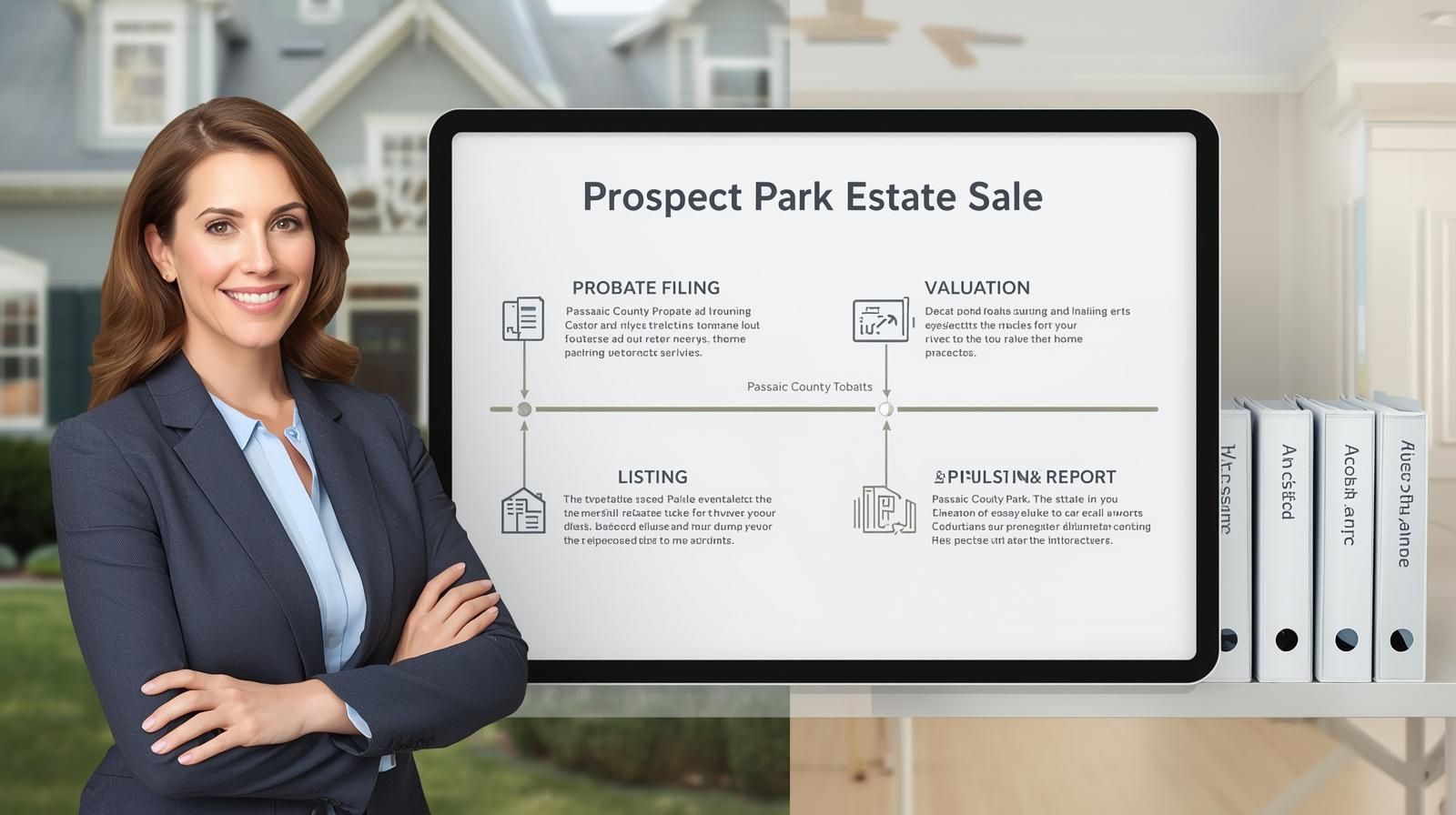 Visual Concept: &ldquo;Prospect Park Estate Sale Timeline (Step-by-Step)&rdquo;  Scene Description:  A visual representation of progress and organization&mdash;showing a Realtor (you) standing beside a whiteboard or tablet displaying a timeline or checklist labeled with stages like Probate Filing, Valuation, Listing, Closing.  The backdrop can include a Prospect Park-style home or a neat office setup with folders titled Passaic County Probate, Appraisal Report, and Listing Plan.  The goal is to visually communicate structure, momentum, and professionalism while keeping the tone compassionate and approachable.