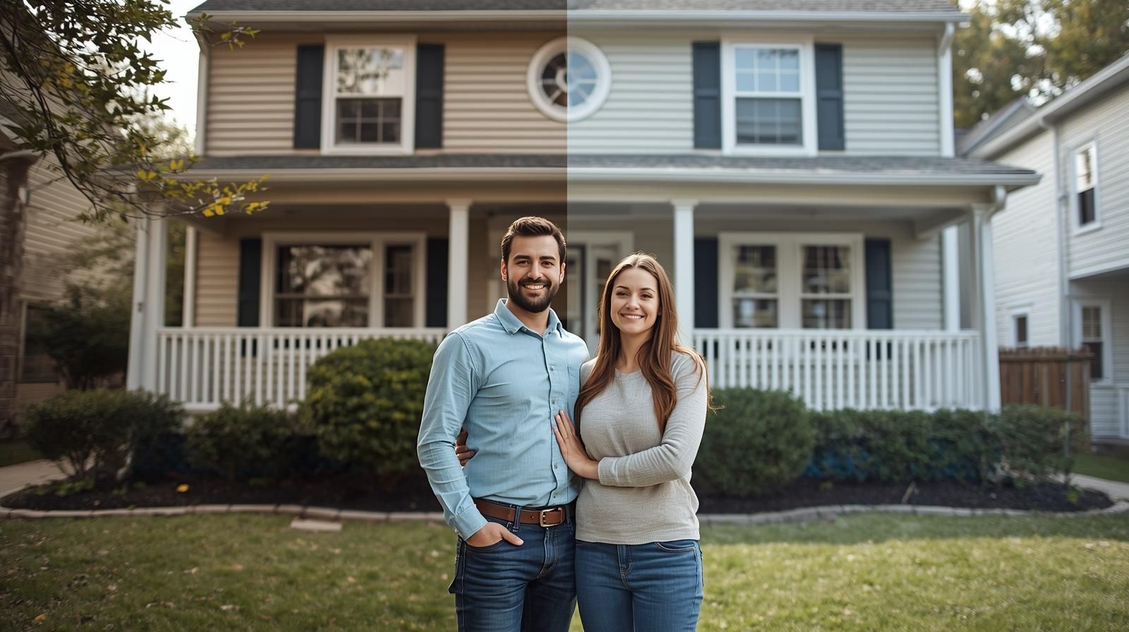 First-time buyers and investors in Prospect Park NJ standing in front of a renovated home representing affordable distressed property opportunities with strong long-term value.