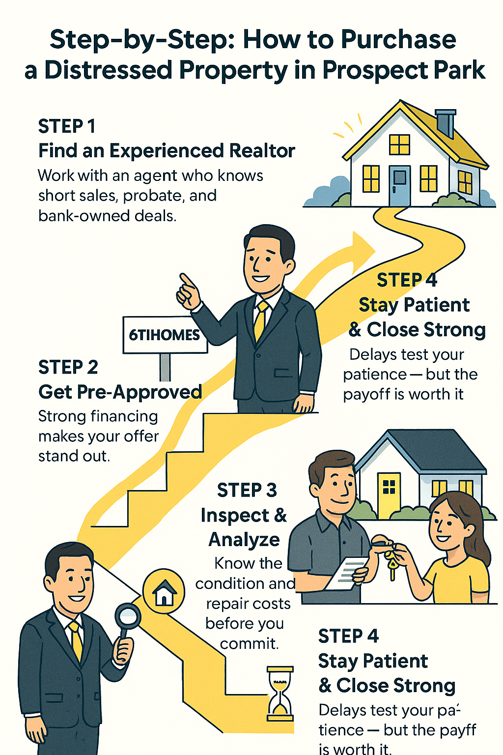 Cartoon infographic showing four steps to buy a distressed property in Prospect Park NJ, featuring Realtor Johnny Rodriguez of 611Homes guiding buyers through finding an agent, getting pre-approved, inspecting a home, and closing successfully.