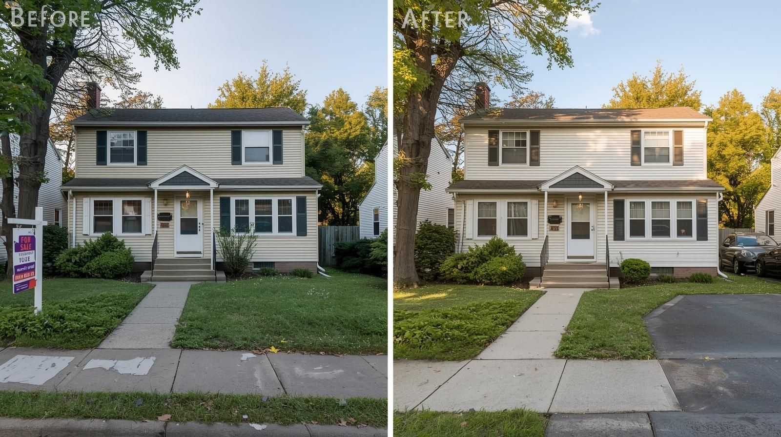 Before and after of a renovated single-family home in Prospect Park NJ showing a first-time buyer couple who purchased a distressed property below market value and gained $60,000 in equity after renovation.