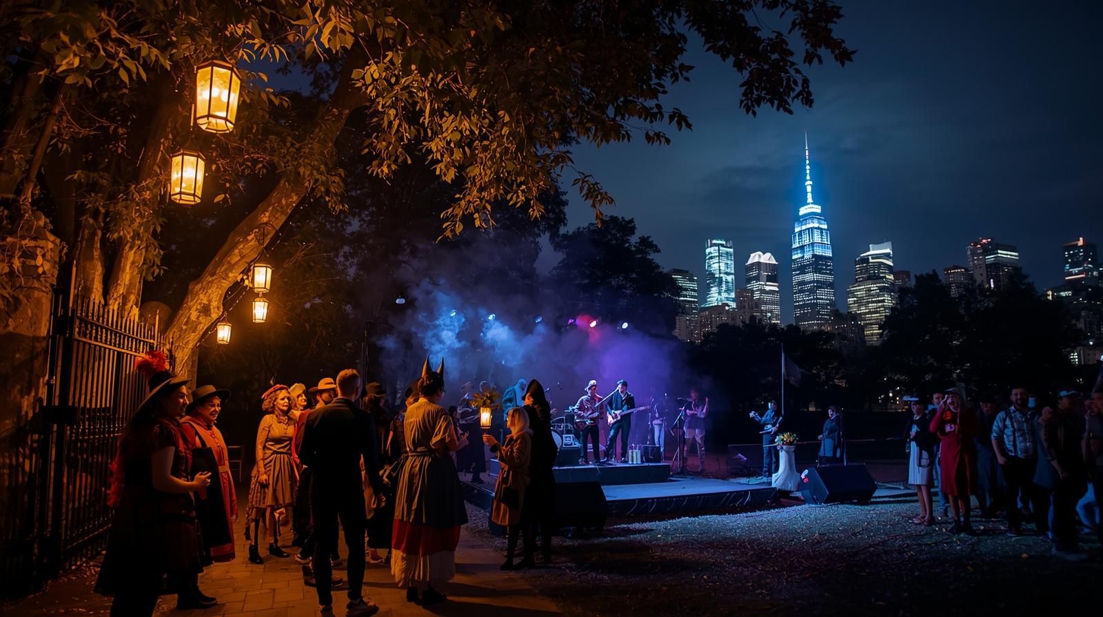 Attendees relaxing near lanterns at the Ghost of Uncle Joe’s Masquerade Ball in Jersey City, with the skyline glowing in the background — blending art, history, and community spirit.