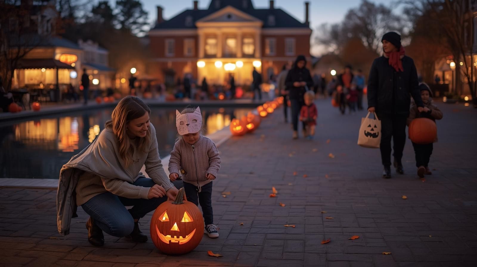 Families arriving early at Vail Mansion Plaza in Morristown, NJ, placing pumpkins near the reflecting pool and preparing for the Pumpkin Illumination event at sunset.