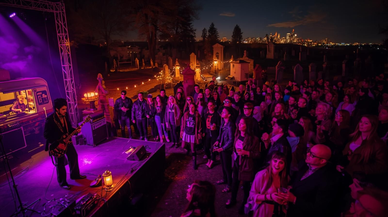Costumed rock band performing under stage lights at the Ghost of Uncle Joe’s Halloween Masquerade Ball in Jersey City’s Historic Harsimus Cemetery, surrounded by lanterns, food trucks, and dancing guests.