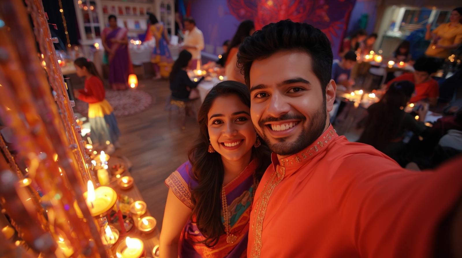 Families dancing, crafting, and taking photos during the Montclair Diwali Celebration at Beyond The Boogie Dance Studio in Montclair, NJ, surrounded by diyas, food stalls, and festive lights.