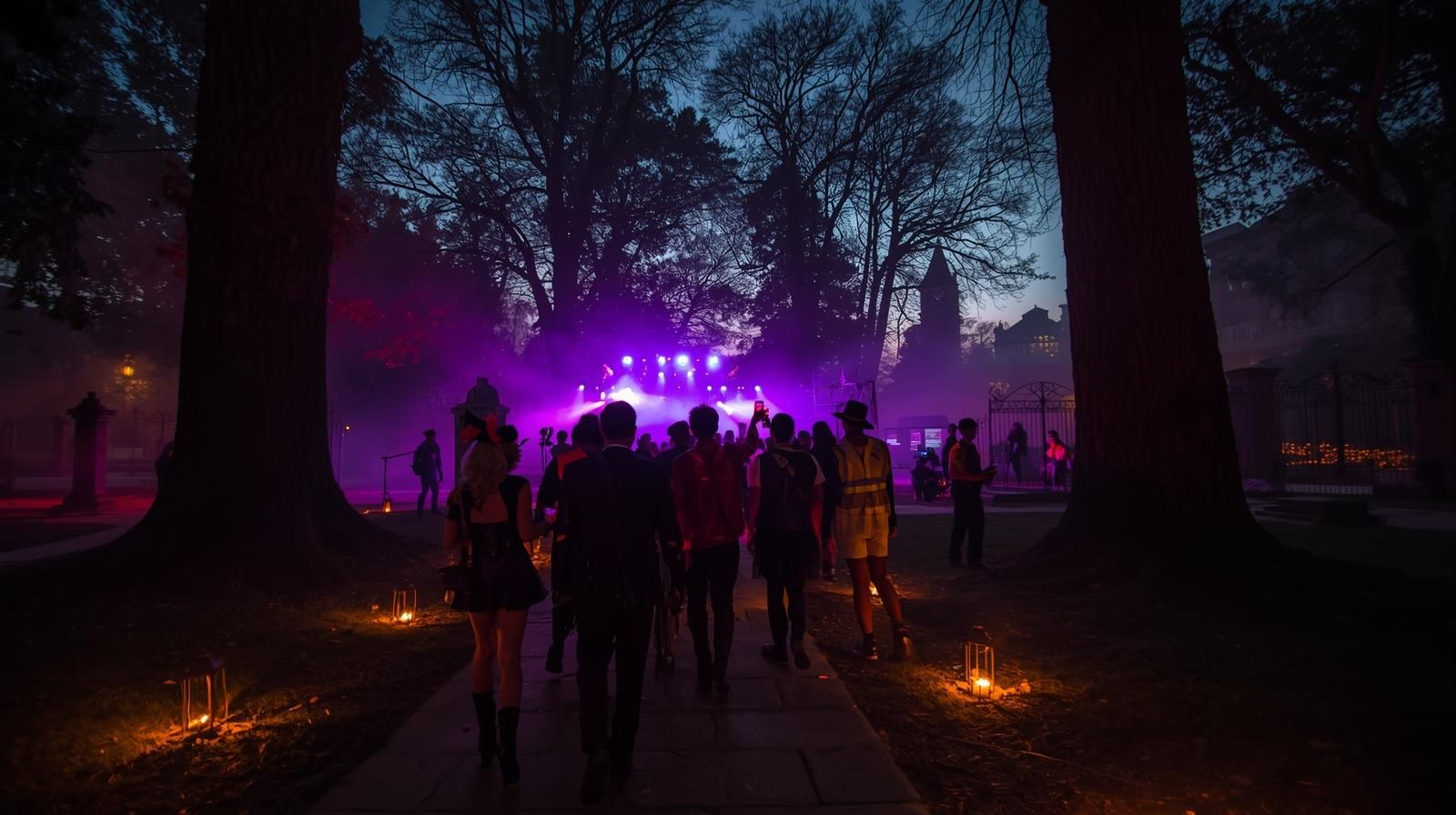 Festivalgoers in creative costumes arriving at the Ghost of Uncle Joe’s Halloween Masquerade Ball in Jersey City’s Harsimus Cemetery at dusk, surrounded by lanterns, fog, and live music.