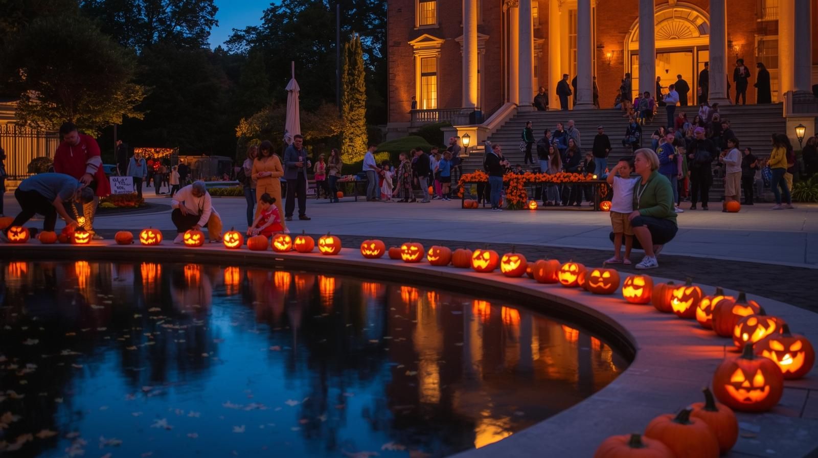 Families gathering at twilight around the reflecting pool at Vail Mansion in Morristown, NJ, during the Pumpkin Illumination event, with glowing pumpkins, children’s art activities, and live storytelling.