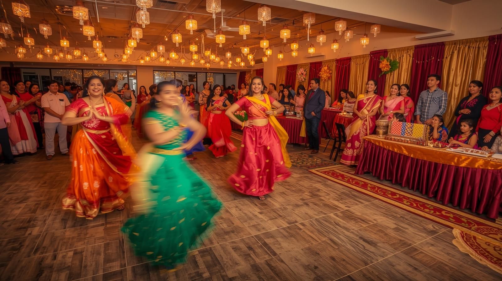 Families enjoying the Montclair Diwali Celebration at Beyond The Boogie Dance Studio in Montclair, NJ, featuring Bollywood dancers, colorful crafts, and glowing festive lights.