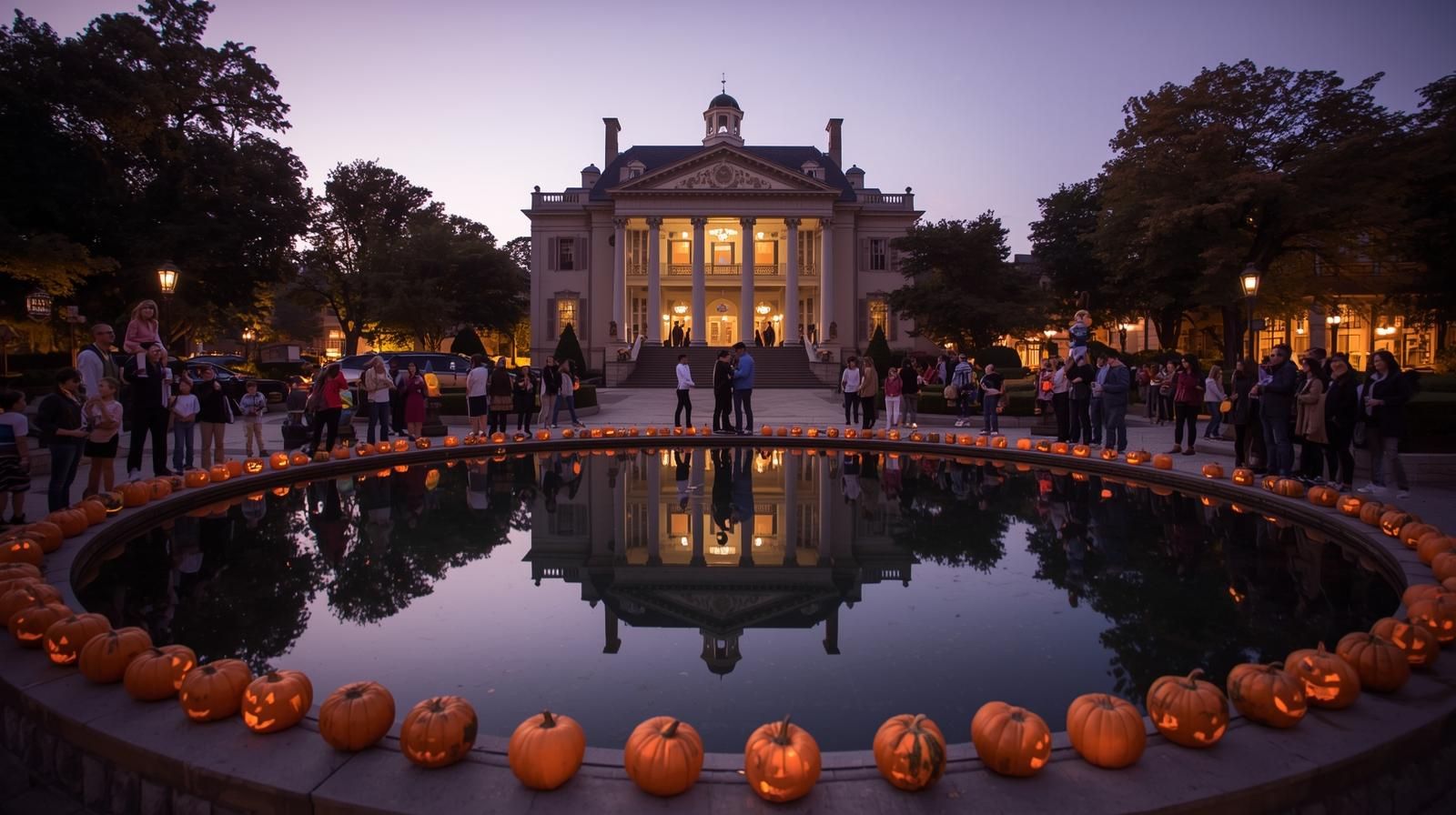 Families gathered around the glowing pumpkins and reflecting pool at Vail Mansion in Morristown, NJ, during the Pumpkin Illumination event, showcasing the town’s artistic and family-centered community.