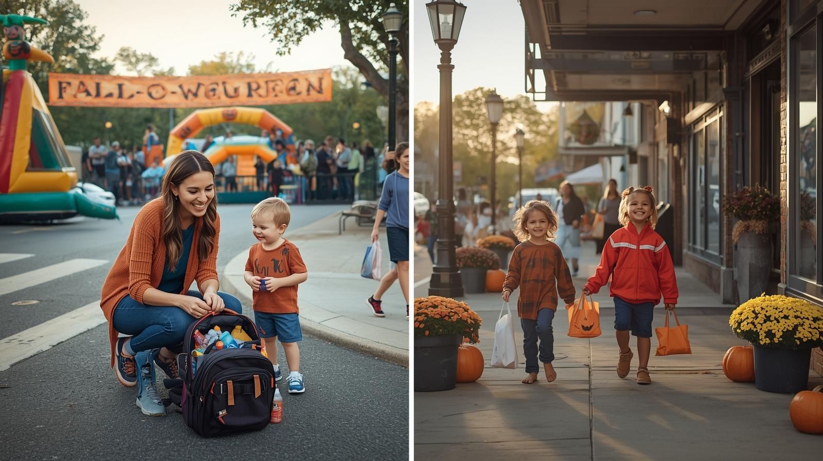 Parents and children at the Verona Fall-O-Ween Festival with safety gear and snacks, later exploring downtown Verona’s Bloomfield Avenue for trick-or-treating and family-friendly shops.