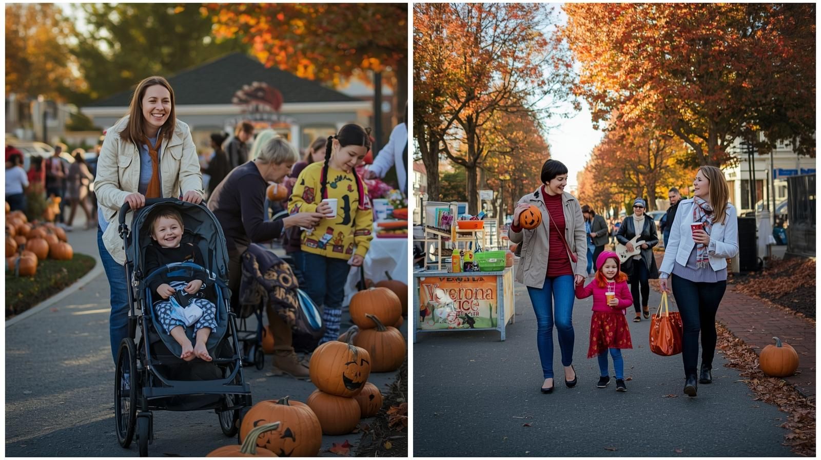 Families enjoying the Verona Fall-O-Ween Festival in Verona, NJ, with kids painting pumpkins, parents watching live music, and trick-or-treating along Bloomfield Avenue under fall foliage.