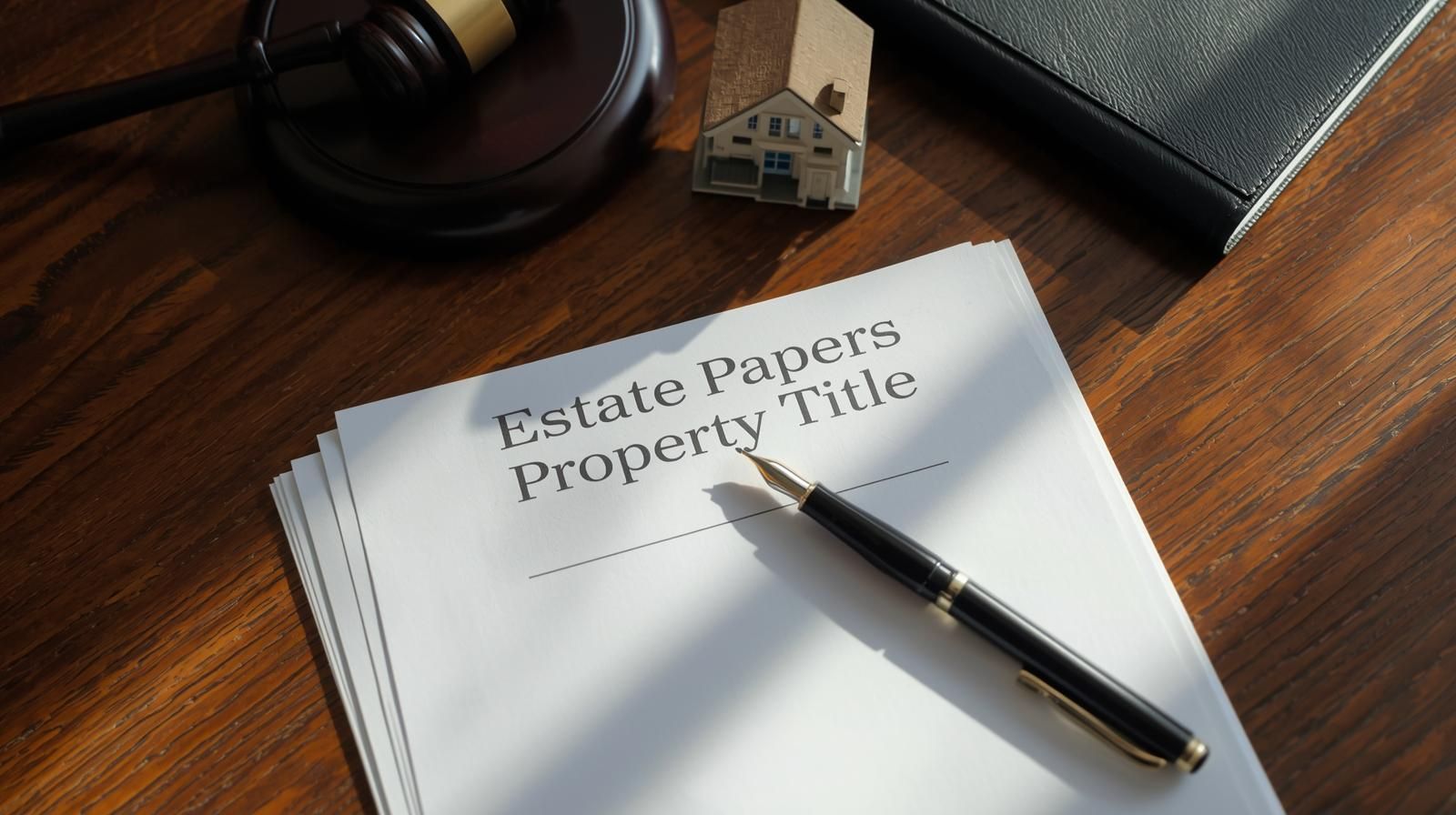 Legal documents labeled “Estate Papers Property Title” with a pen, gavel, and miniature house symbolizing probate ownership verification.