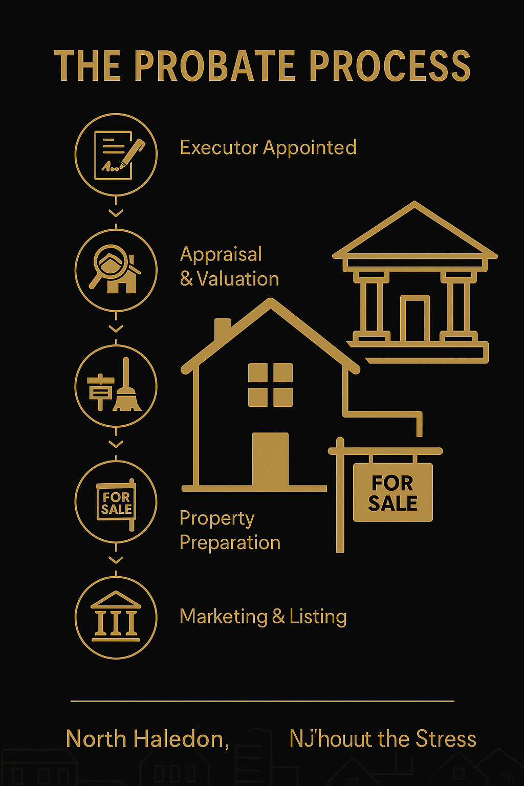 Infographic showing the probate sale process in North Haledon NJ, from executor appointment to court approval, guided by Realtor Johnny Rodriguez.