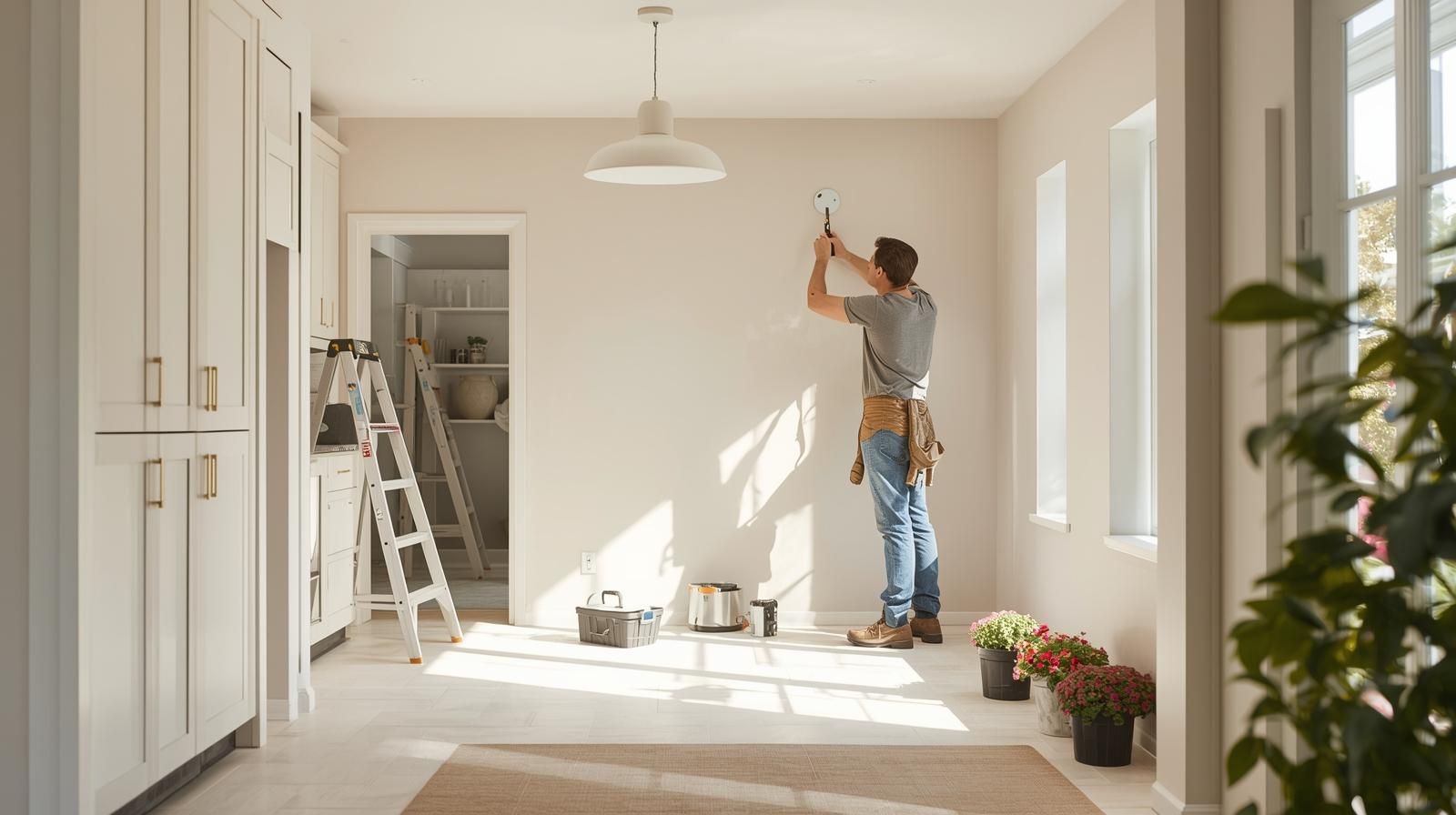 Worker installing light fixture in a bright, freshly painted kitchen, showing cost-effective home repairs for probate property in North Haledon NJ.