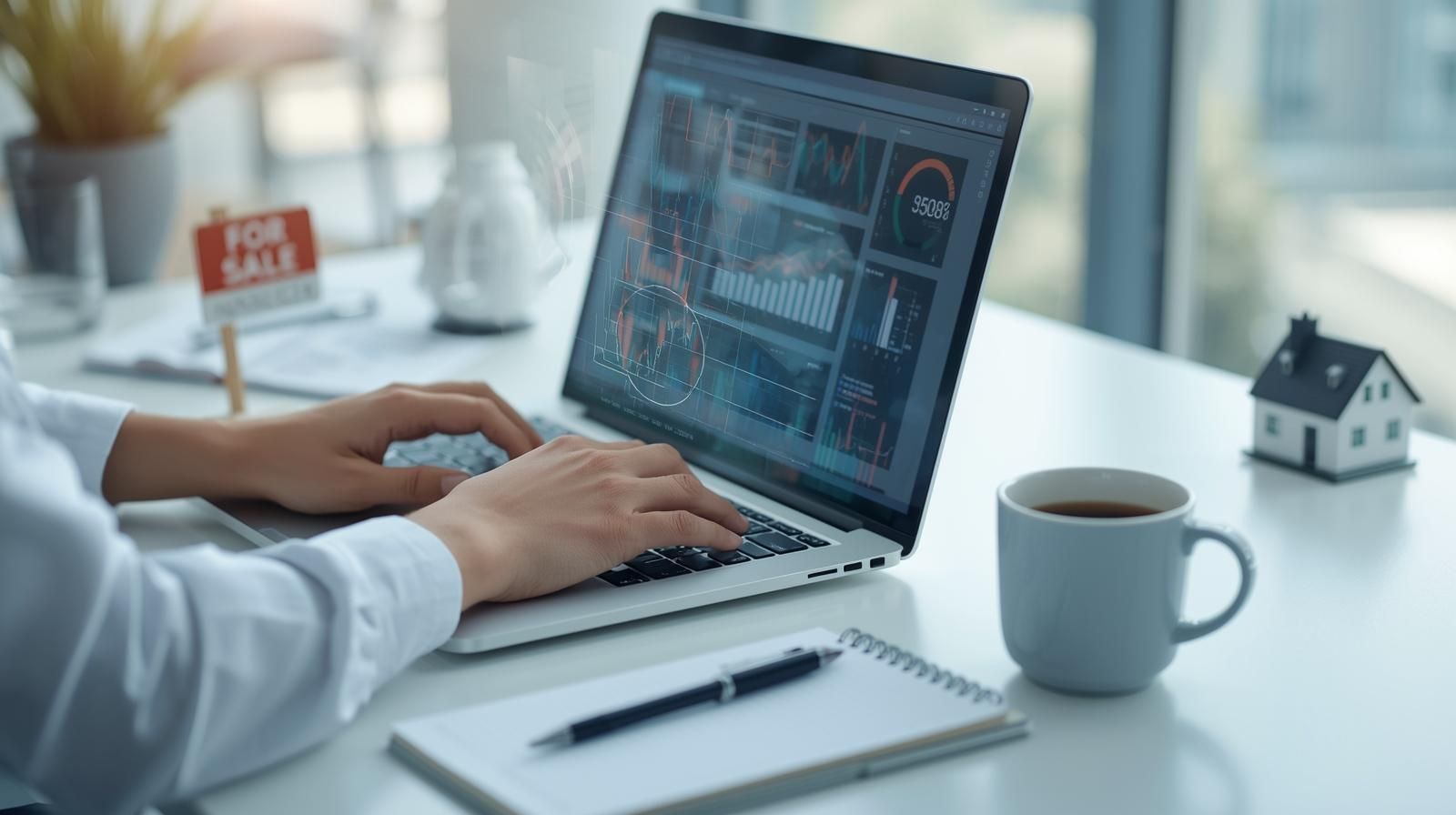 Real estate agent analyzing market data on laptop with coffee, notebook, and house model, showing AI-powered pricing and listing strategy for probate homes in North Haledon NJ.
